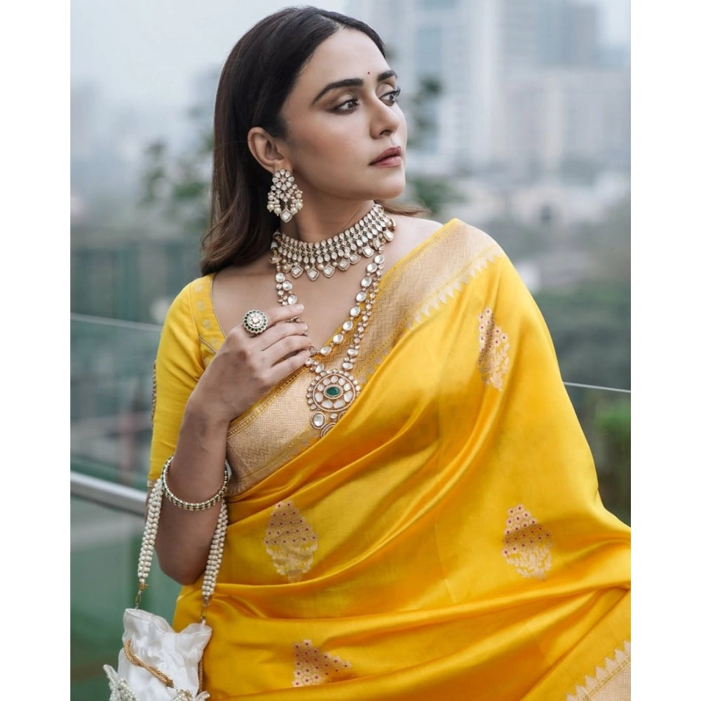 Generic Women's Silk Printed Saree With Unstitched Blouse 5.5Mtr (Yellow) Secondary image
