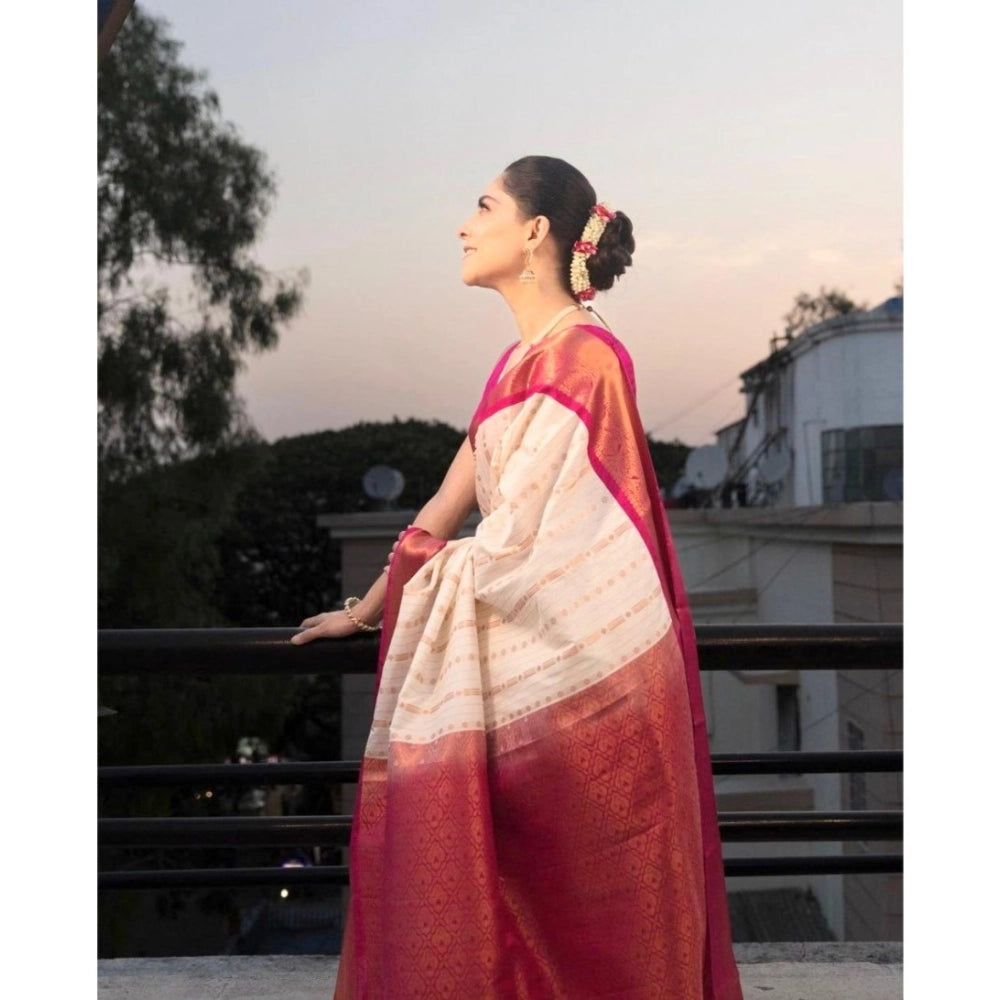 Generic Women's Silk Printed Saree With Unstitched Blouse 5.5Mtr (White-Pink) Secondary image