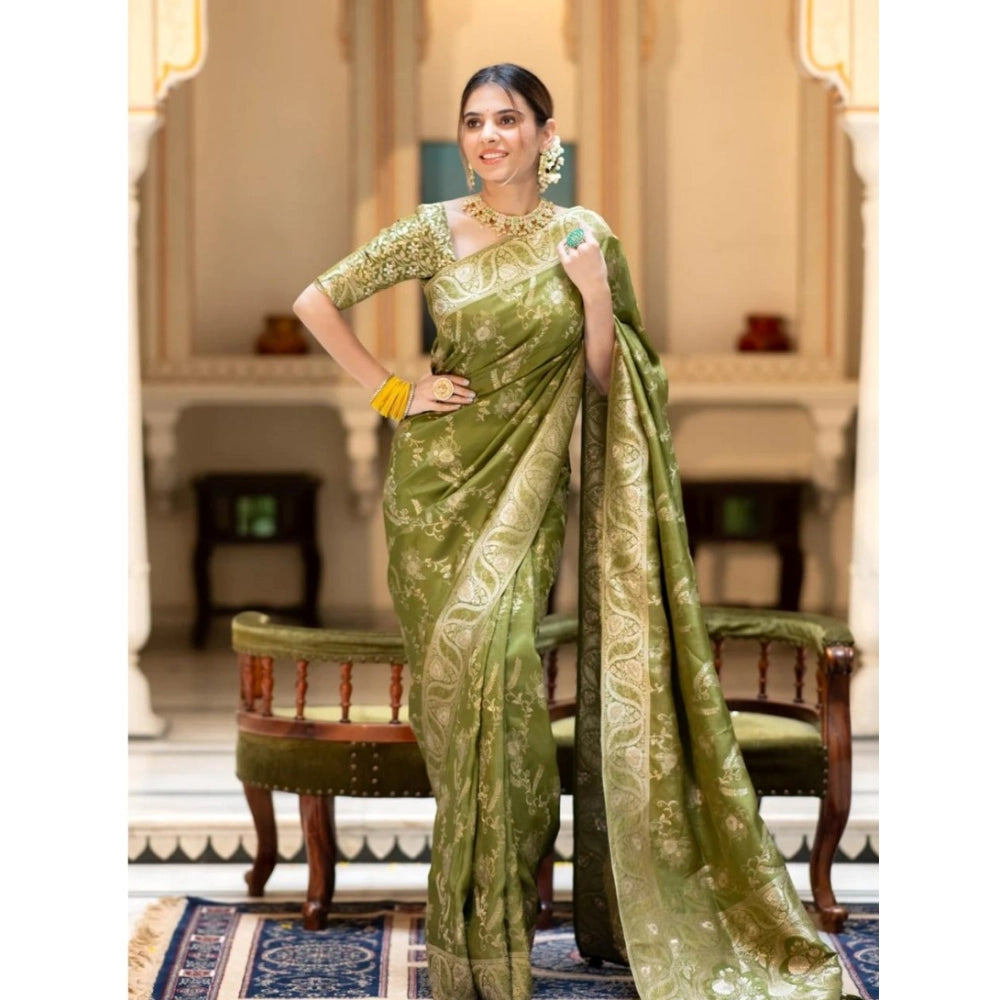 Generic Women's Silk Printed Saree With Unstitched Blouse 5.5Mtr (Olive Green) Secondary image