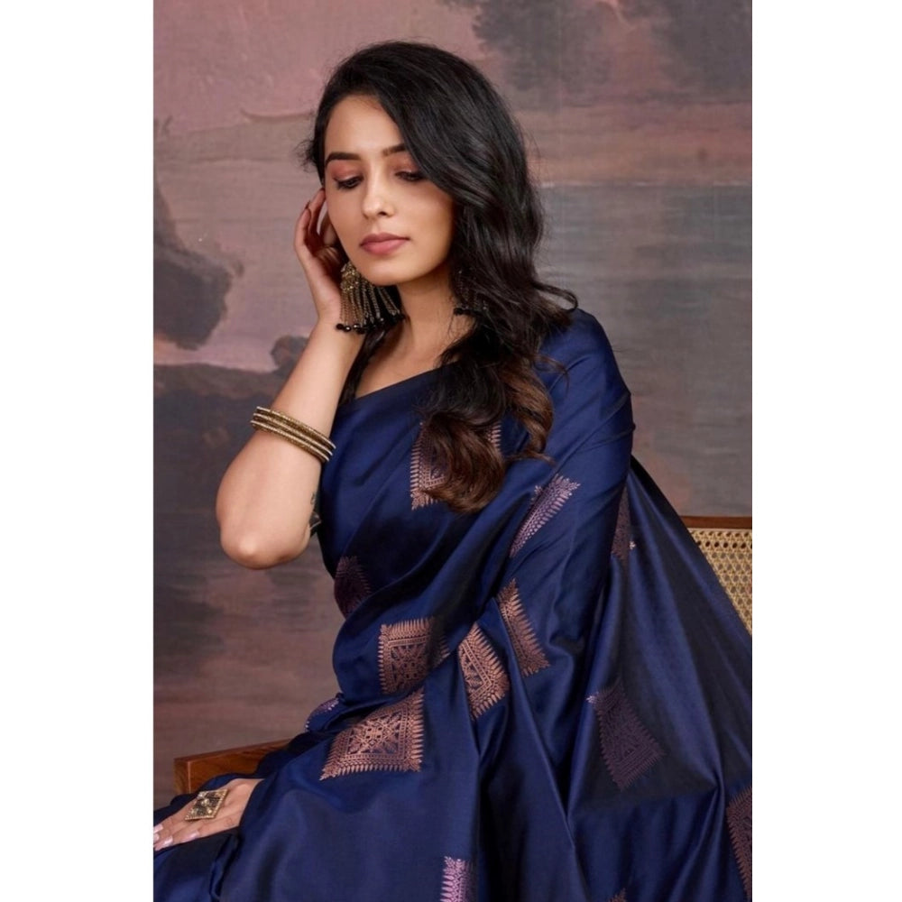 Generic Women's Silk Printed Saree With Unstitched Blouse 5.5Mtr (Navy Blue) Secondary image