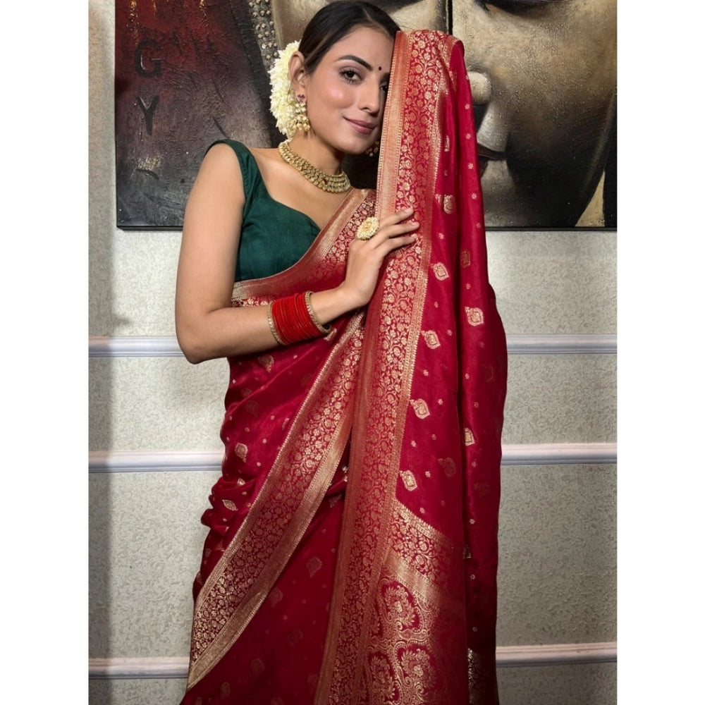 Generic Women's Silk Printed Saree With Unstitched Blouse 5.5Mtr (Red) Secondary image
