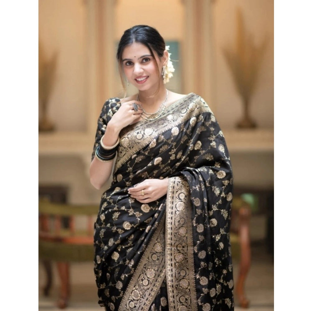 Generic Women's Silk Printed Saree With Unstitched Blouse 5.5Mtr (Black) Secondary image