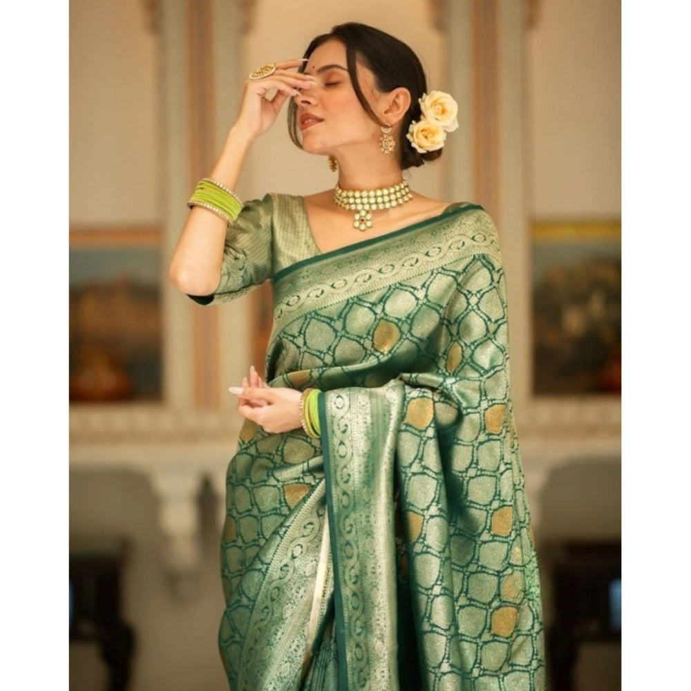 Generic Women's Silk Printed Saree With Unstitched Blouse 5.5Mtr (Green) Secondary image