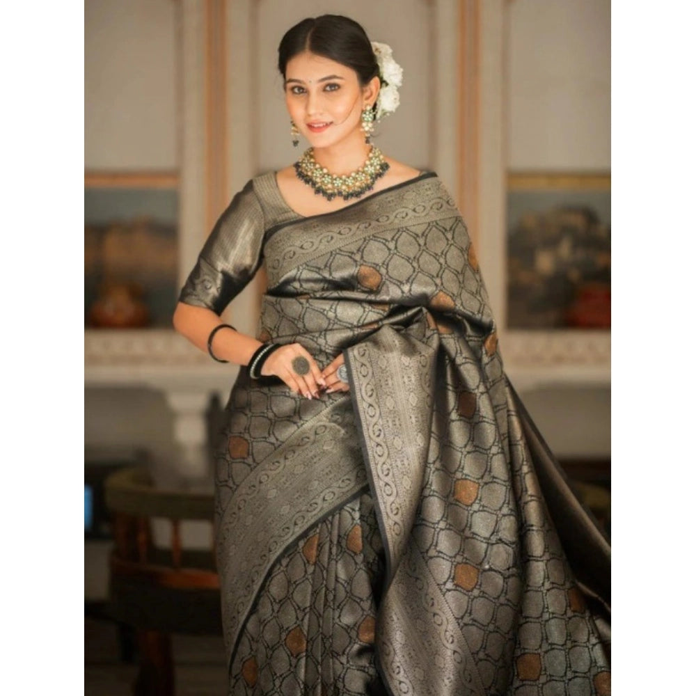 Generic Women's Silk Printed Saree With Unstitched Blouse 5.5Mtr (Black) Secondary image