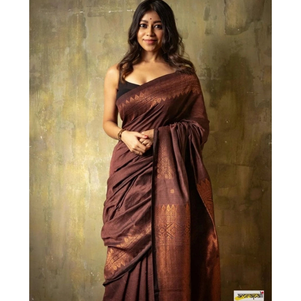 Generic Women's Silk Printed Saree With Unstitched Blouse 5.5Mtr (Coffee) Secondary image
