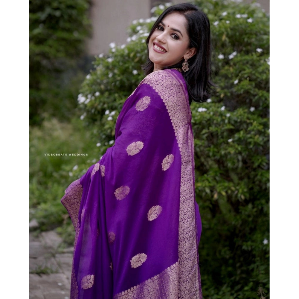 Generic Women's Silk Printed Saree With Unstitched Blouse 5.5Mtr (Purple) Secondary image