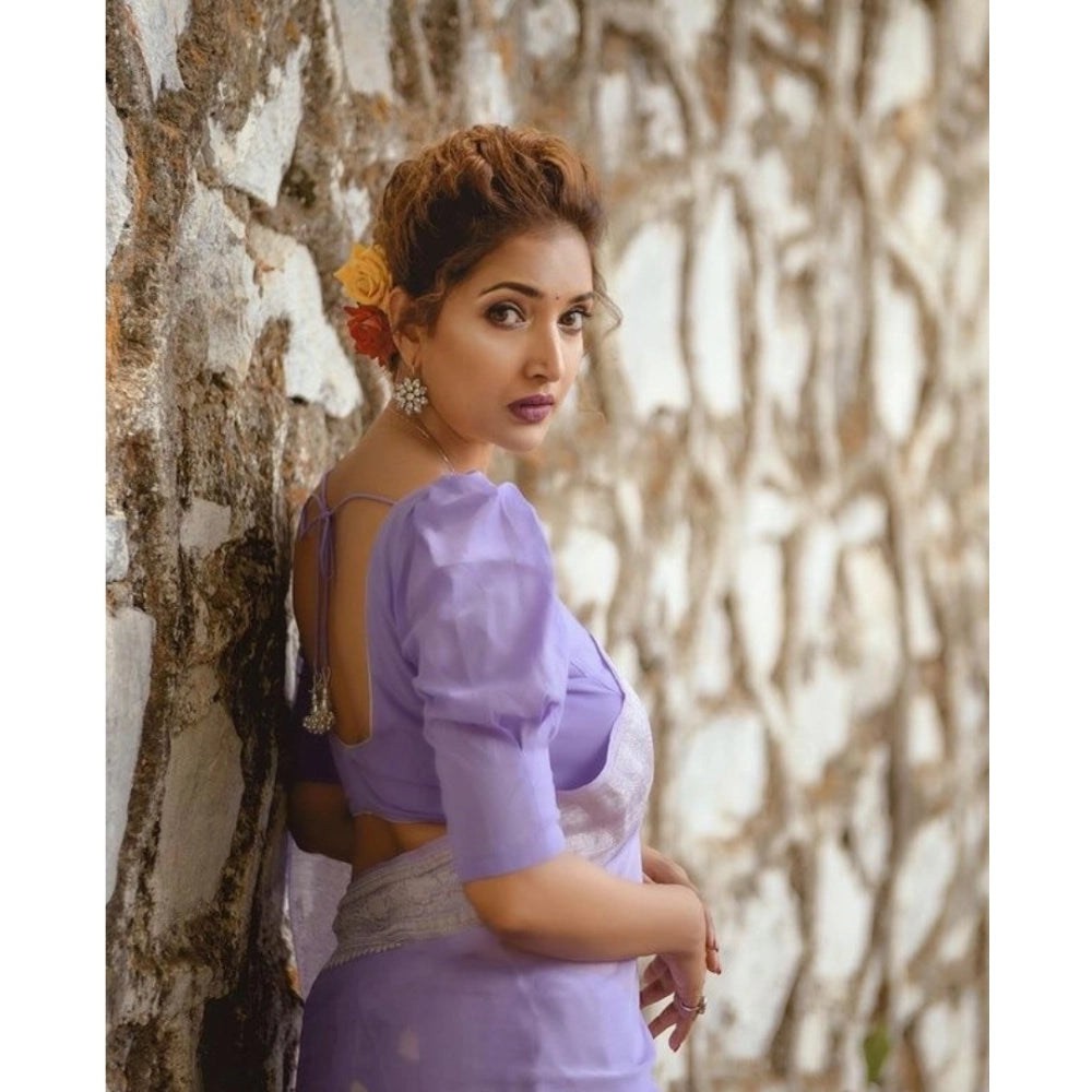 Generic Women's Cotton  Printed Saree With Unstitched Blouse 5.5Mtr (Lavender) Secondary image