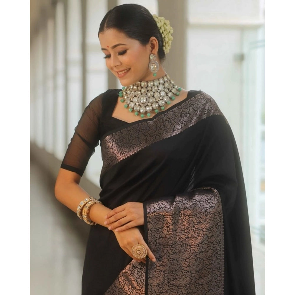 Generic Women's Silk Printed Saree With Unstitched Blouse 5.5Mtr (Black) Secondary image