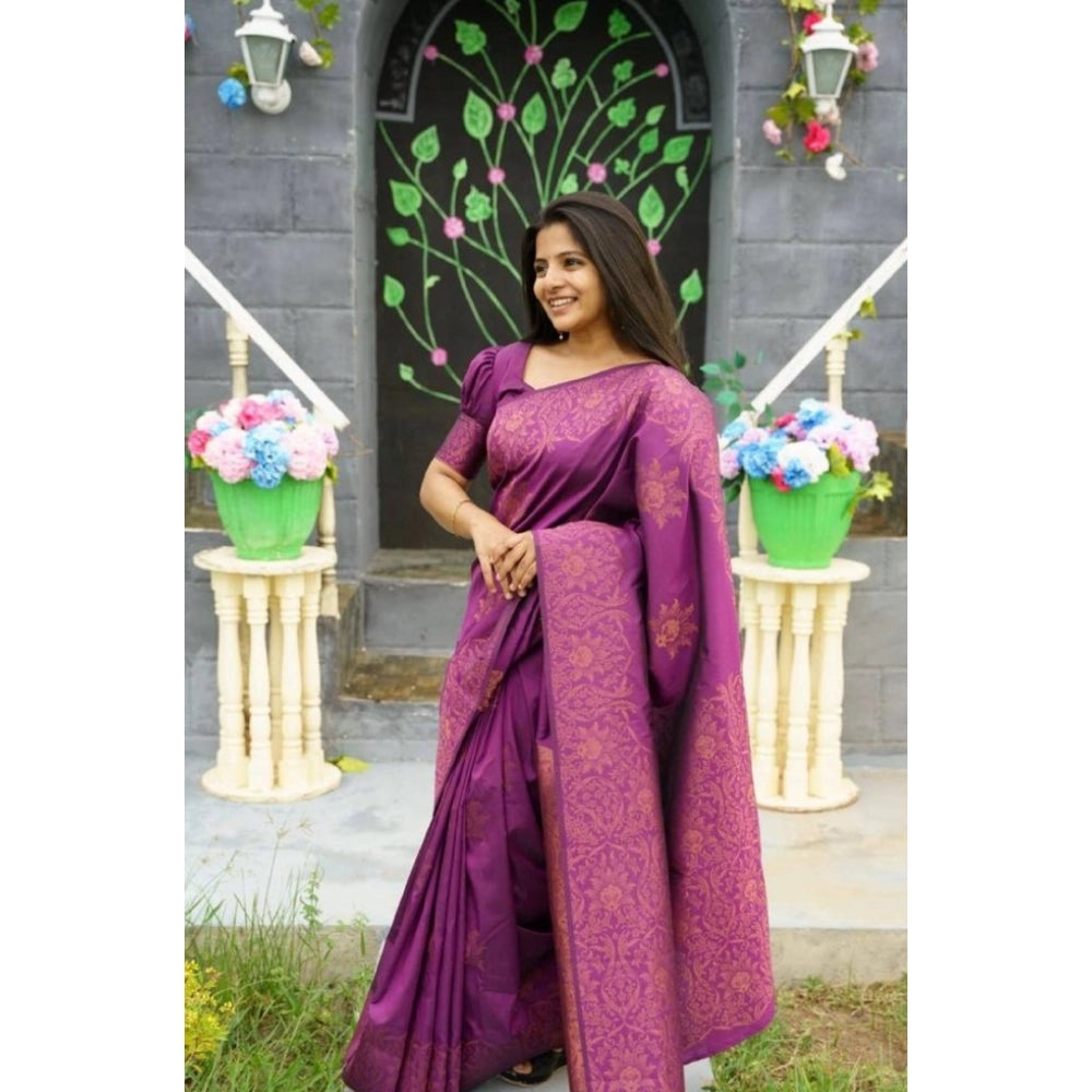 Generic Women's Silk Printed Saree With Unstitched Blouse 5.5Mtr (Purple) Secondary image