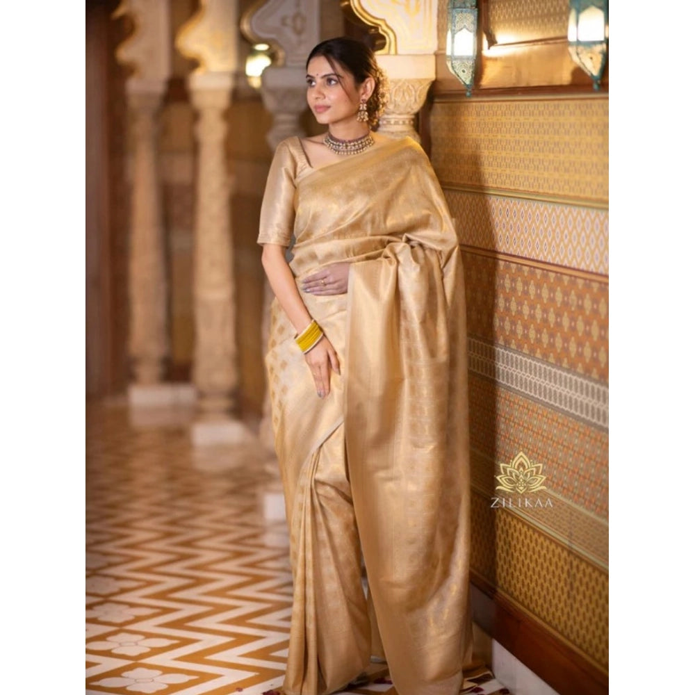 Generic Women's Silk Printed Saree With Unstitched Blouse 5.5Mtr (Cream) Secondary image