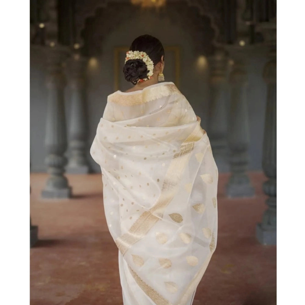 Generic Women's Cotton  Printed Saree With Unstitched Blouse 5.5Mtr (White)