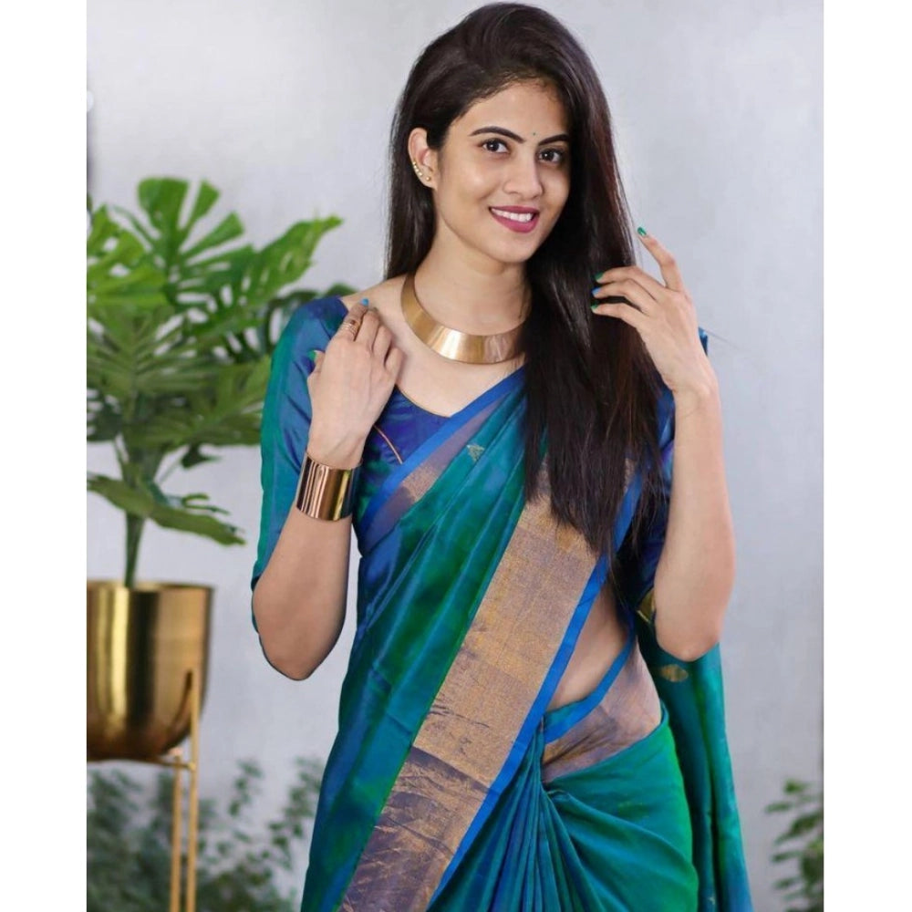 Generic Women's Silk Printed Saree With Unstitched Blouse 5.5Mtr (Blue) Secondary image