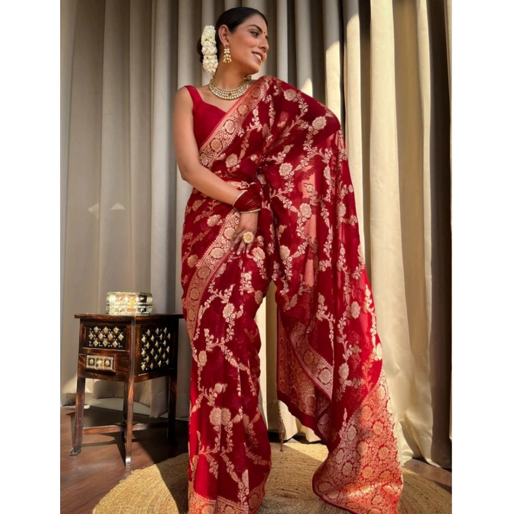 Generic Women's Silk Printed Saree With Unstitched Blouse 5.5Mtr (Red) Secondary image