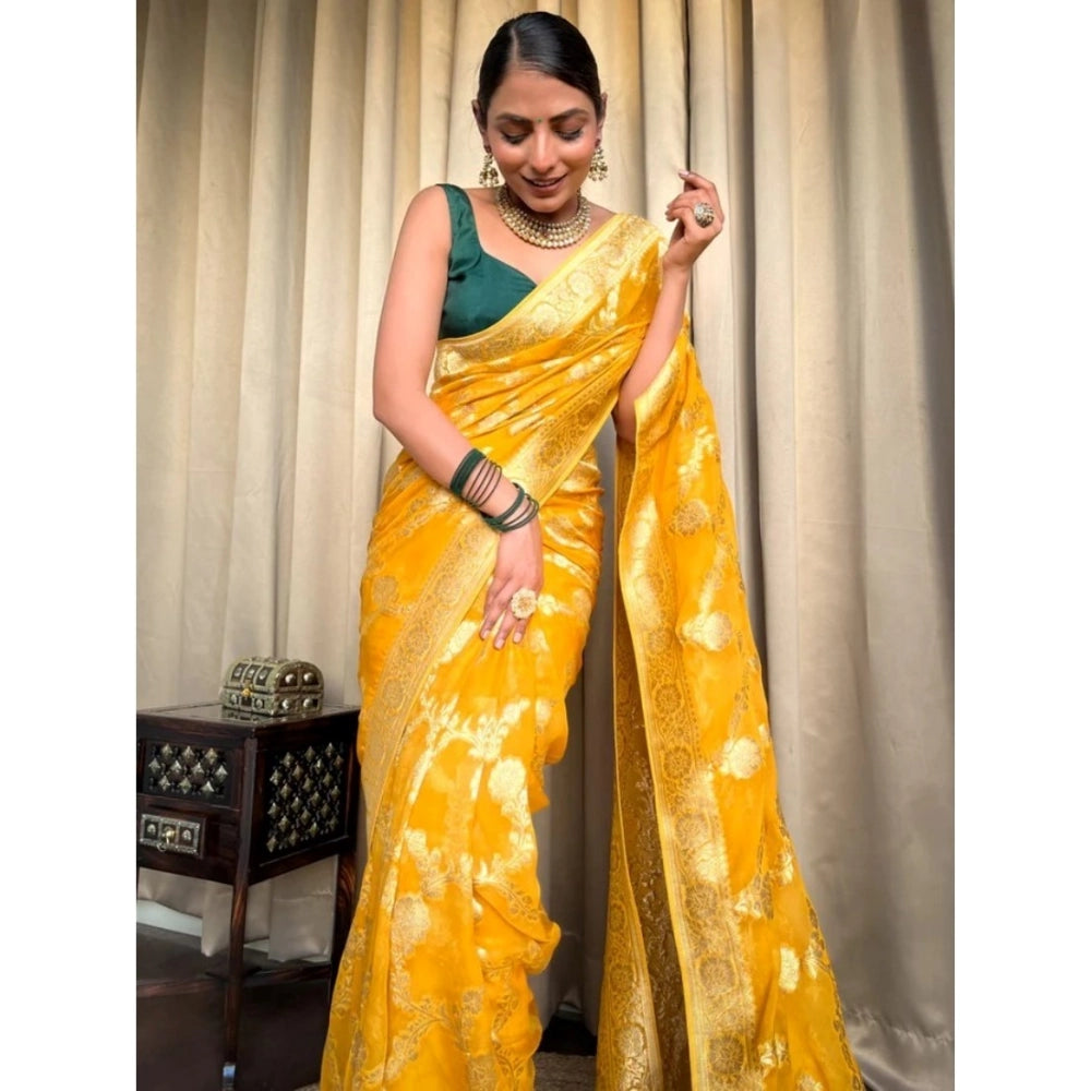 Generic Women's Silk Printed Saree With Unstitched Blouse 5.5Mtr (Gold Yellow) Secondary image