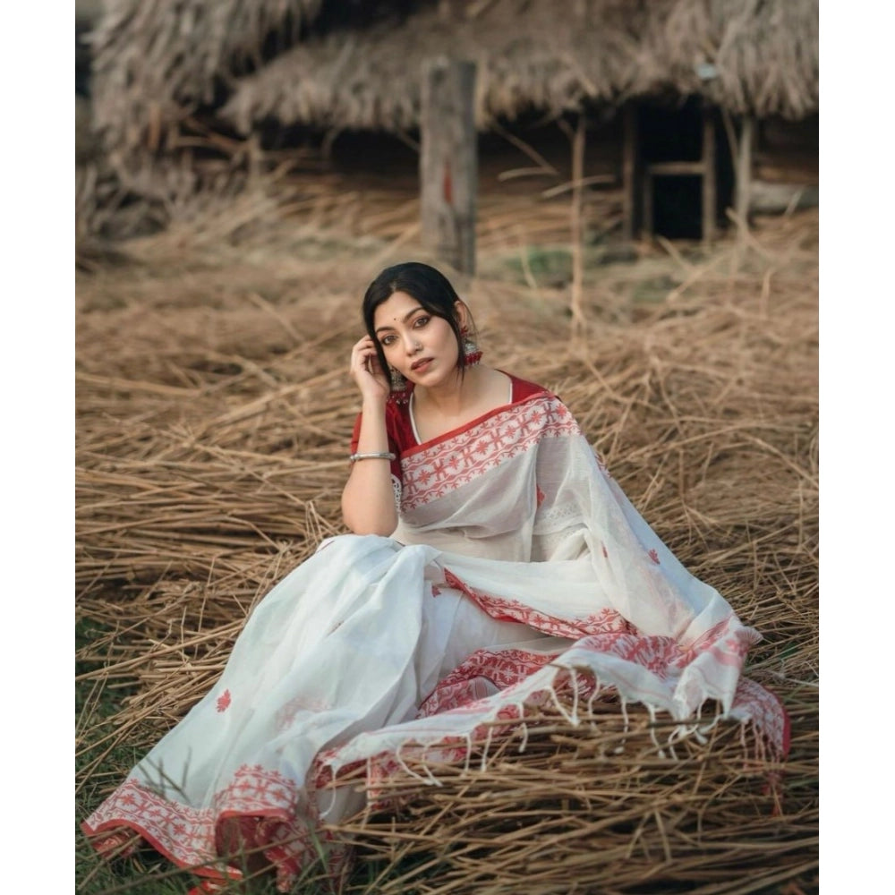 Generic Women's Cotton  Printed Saree With Unstitched Blouse 5.5Mtr (White-Red) Secondary image