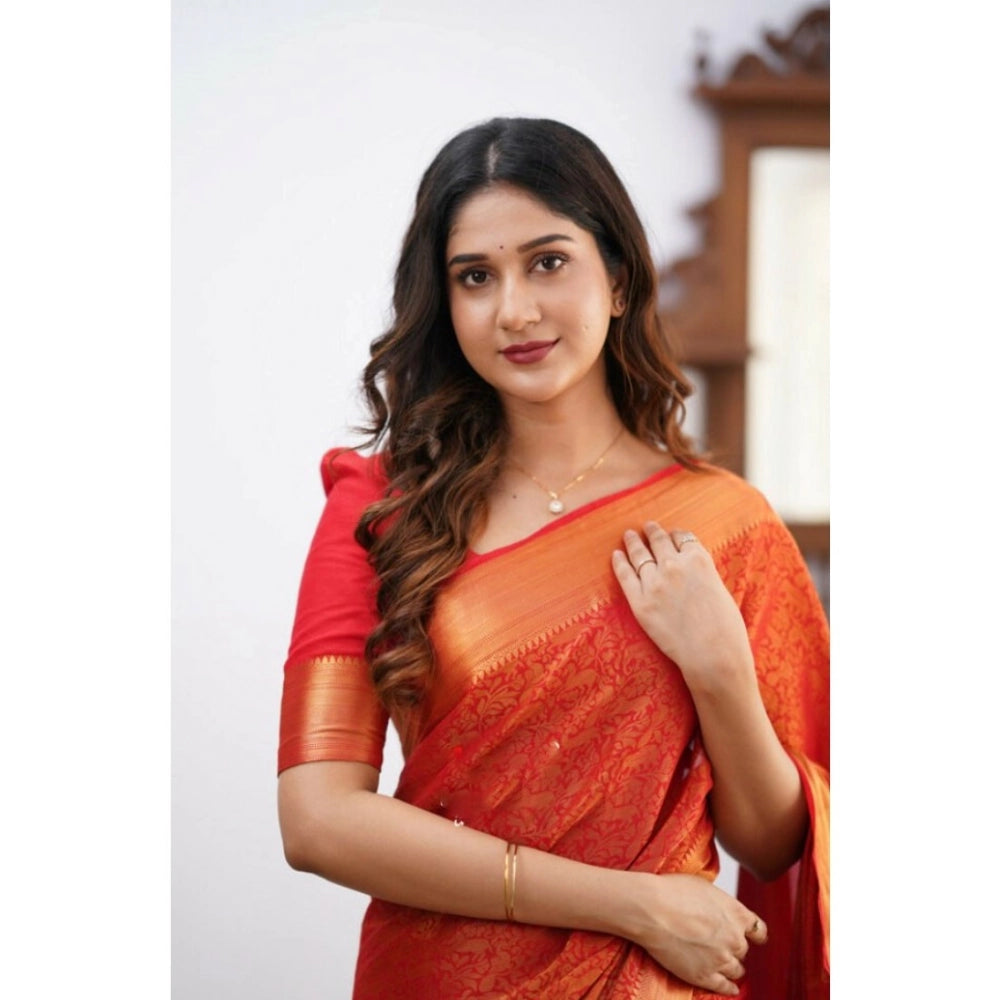 Generic Women's Silk Printed Saree With Unstitched Blouse 5.5Mtr (Orange) Secondary image