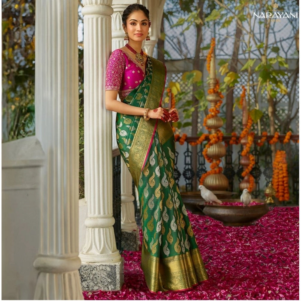 Generic Women's Silk Printed Saree With Unstitched Blouse 5.5Mtr (Green) Secondary image