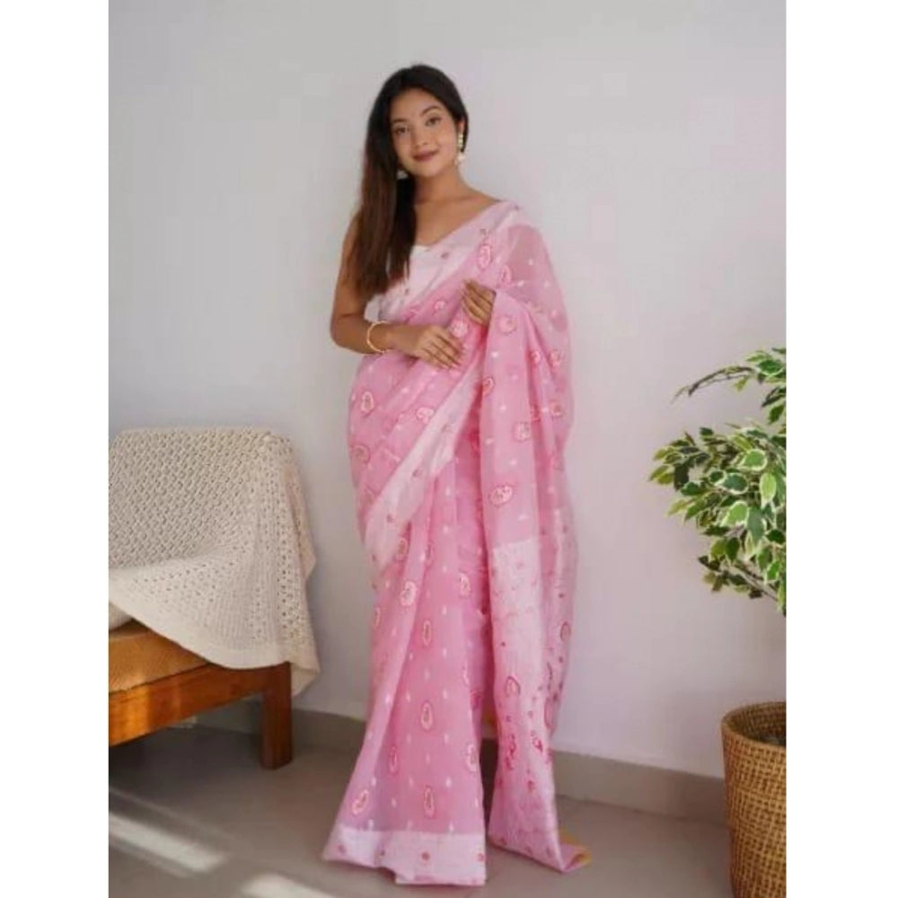 Generic Women's Cotton  Printed Saree With Unstitched Blouse 5.5Mtr (Pink) Secondary image