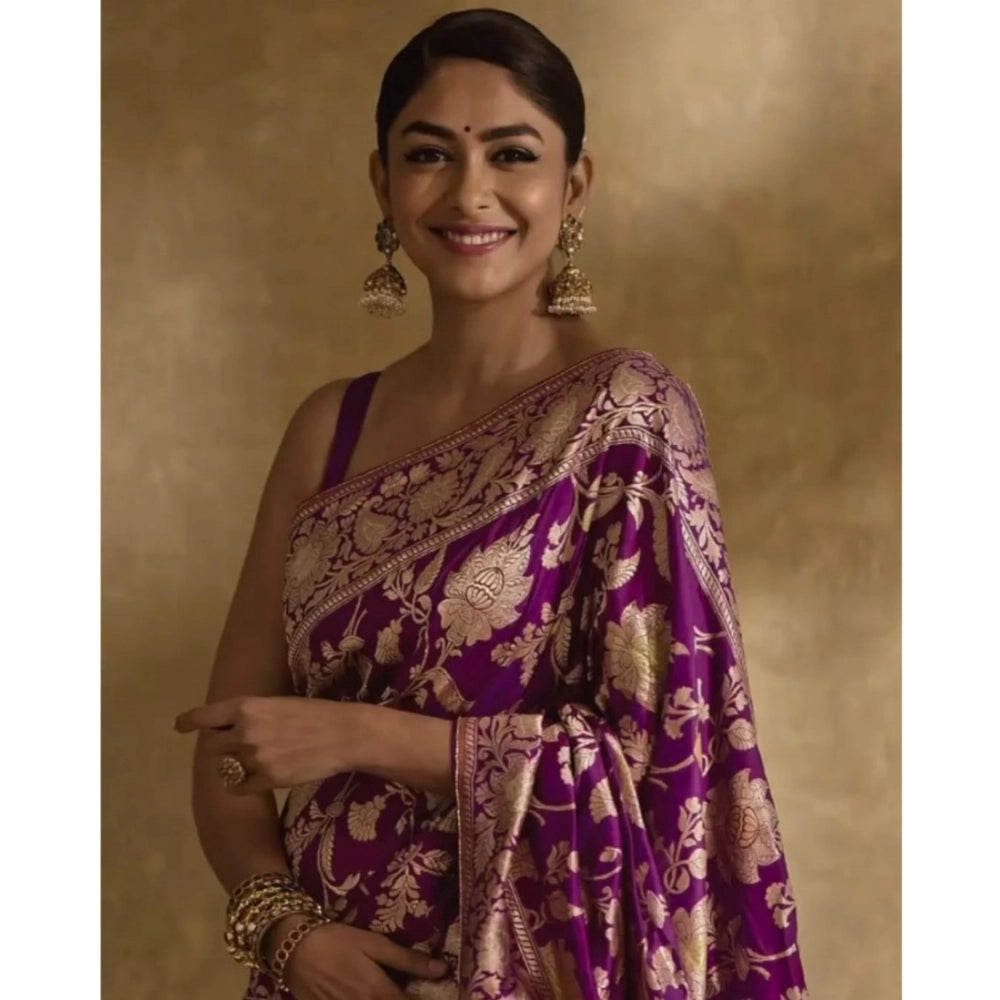 Generic Women's Silk Printed Saree With Unstitched Blouse 5.5Mtr (Purple) Secondary image