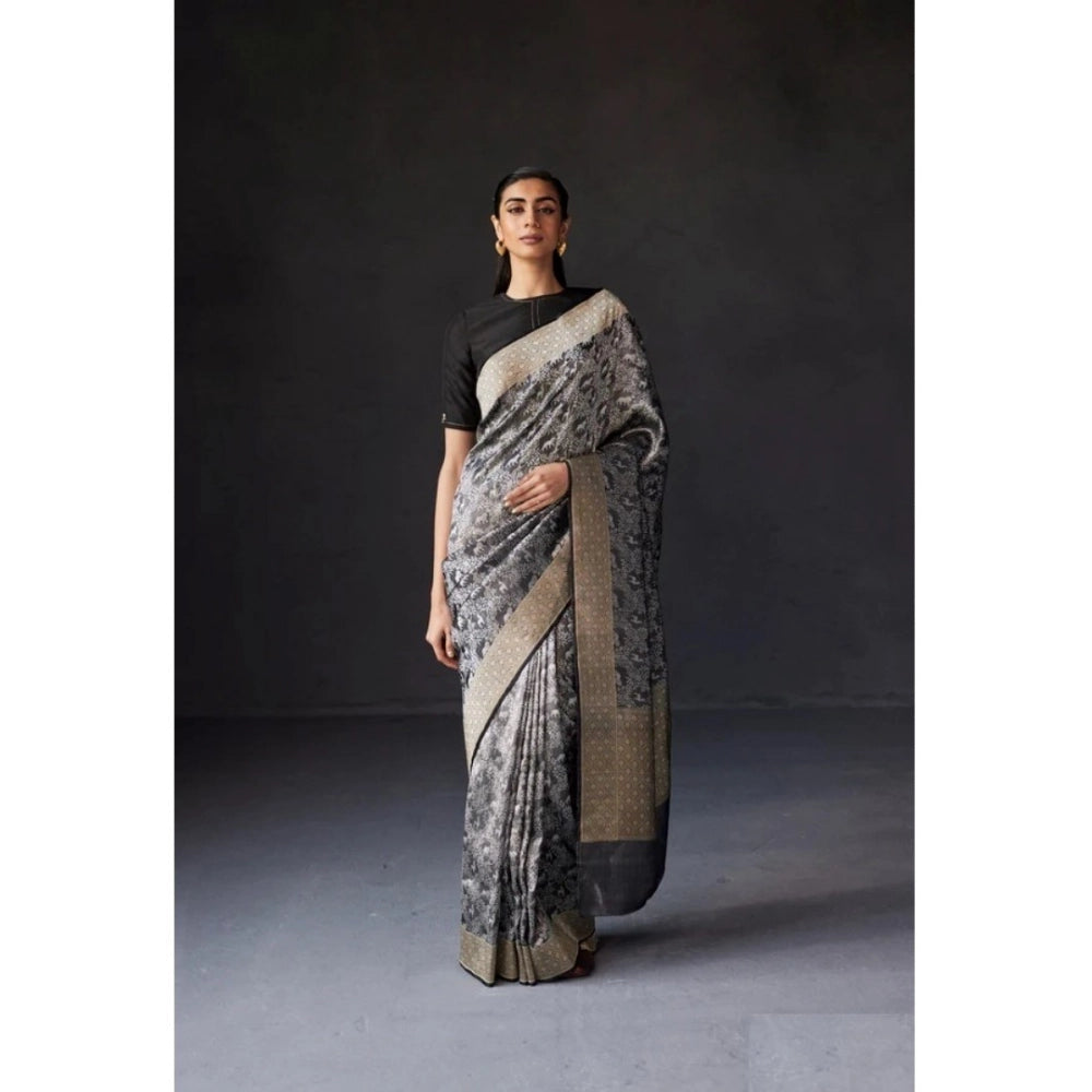 Generic Women's Silk Printed Saree With Unstitched Blouse 5.5Mtr (Grey) Secondary image