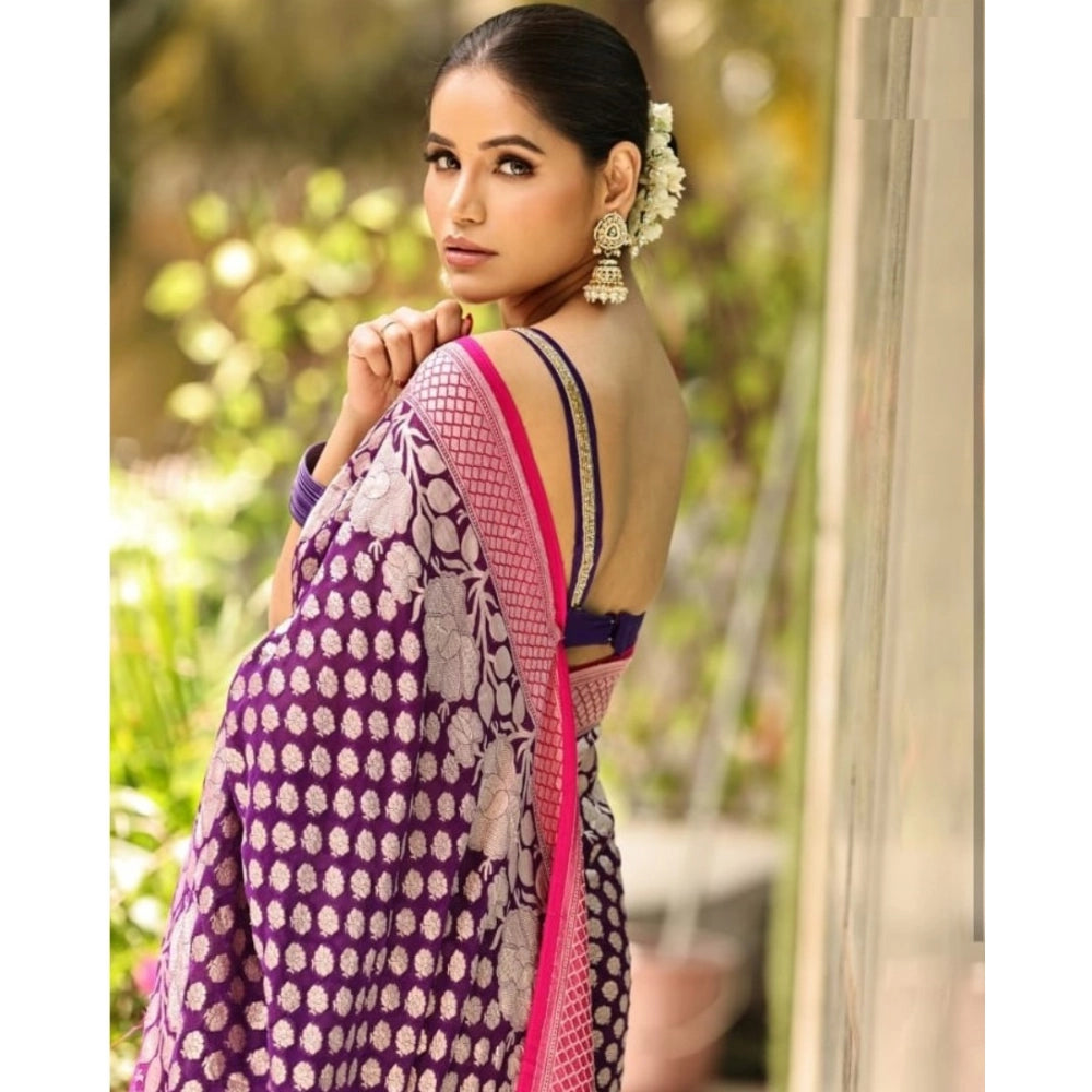 Generic Women's Silk Printed Saree With Unstitched Blouse 5.5Mtr (Purple) Secondary image