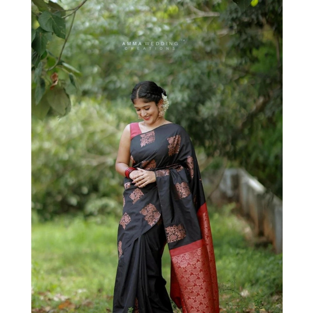 Generic Women's Silk Printed Saree With Unstitched Blouse 5.5Mtr (Black-Red) Secondary image