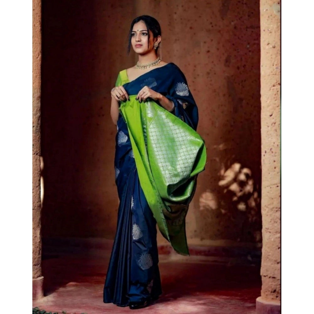 Generic Women's Silk Printed Saree With Unstitched Blouse 5.5Mtr (Navy Blue) Secondary image