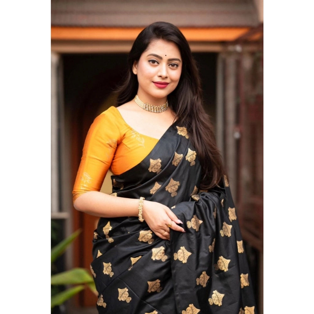 Generic Women's Silk Printed Saree With Unstitched Blouse 5.5Mtr (Yellow) Secondary image
