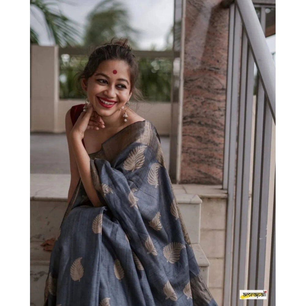 Generic Women's Silk Printed Saree With Unstitched Blouse 5.5Mtr (Grey) Secondary image