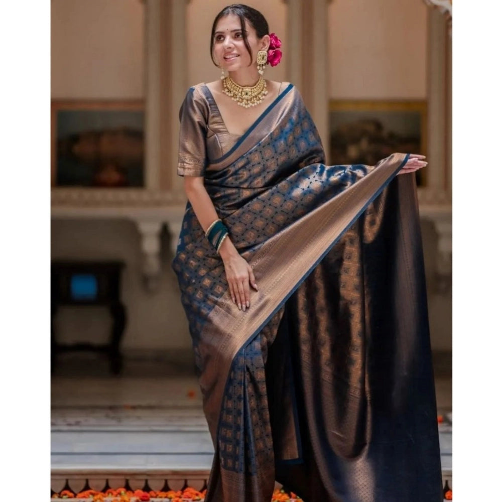 Generic Women's Silk Printed Saree With Unstitched Blouse 5.5Mtr (Blue) Secondary image
