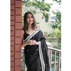 Generic Women's Cotton  Printed Saree With Unstitched Blouse 5.5Mtr (Black)