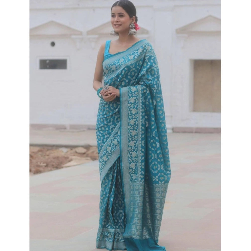 Generic Women's Silk Printed Saree With Unstitched Blouse 5.5Mtr (Sky Blue) Secondary image