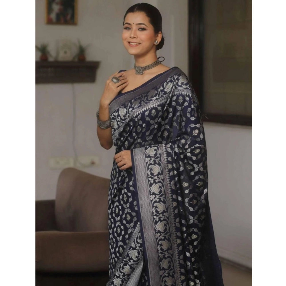 Generic Women's Silk Printed Saree With Unstitched Blouse 5.5Mtr (Navy Blue) Secondary image