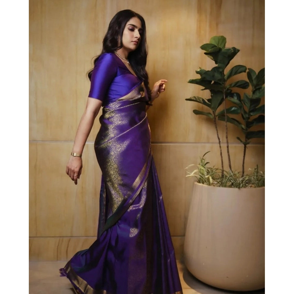 Generic Women's Silk Printed Saree With Unstitched Blouse 5.5Mtr (Purple) Secondary image