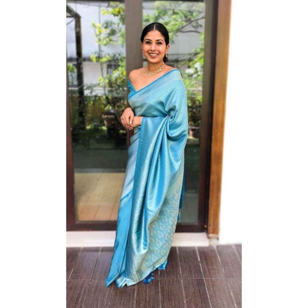 Generic Women's Silk Printed Saree With Unstitched Blouse 5.5Mtr (Sky Blue) Secondary image