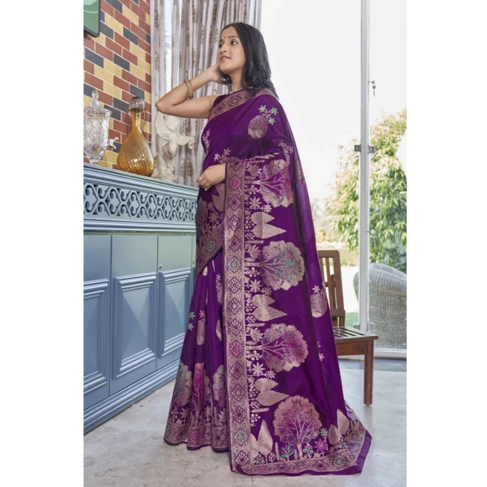 Generic Women's Silk Printed Saree With Unstitched Blouse 5.5Mtr (Purple) Secondary image