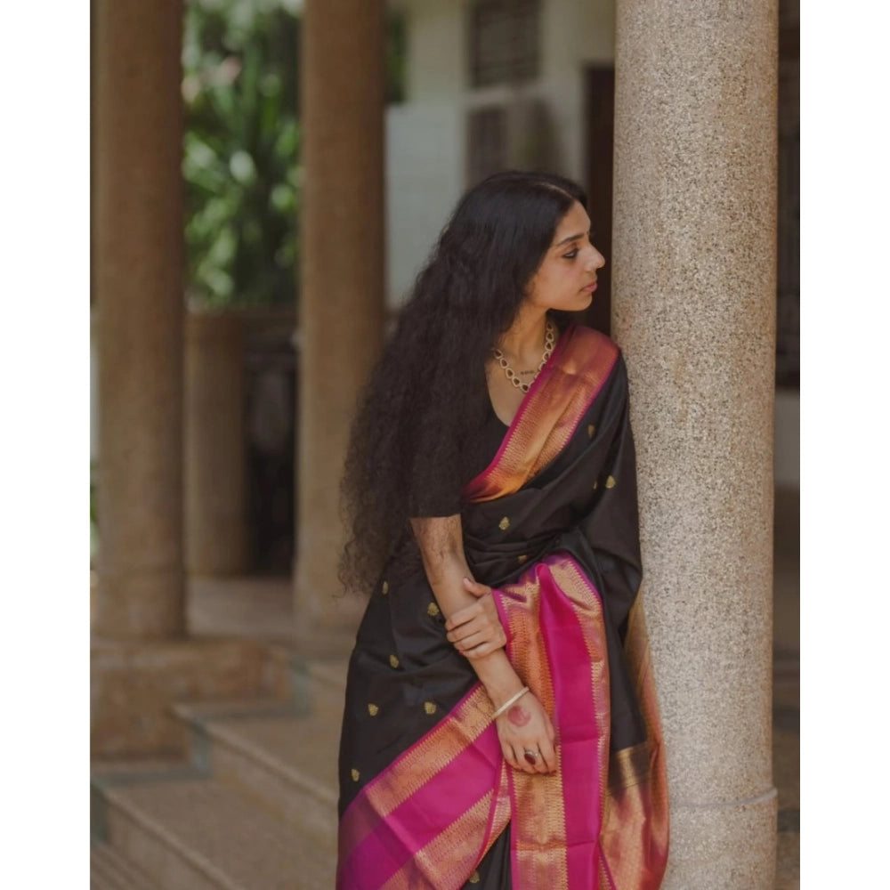 Generic Women's Silk Printed Saree With Unstitched Blouse 5.5Mtr (Black-Pink) Secondary image