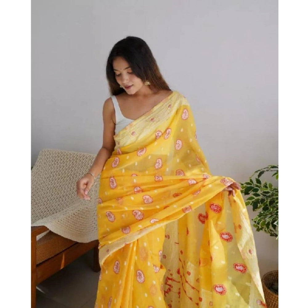 Generic Women's Cotton  Printed Saree With Unstitched Blouse 5.5Mtr (Yellow) Secondary image