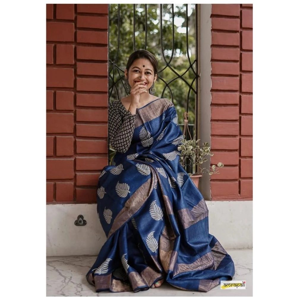 Generic Women's Silk Printed Saree With Unstitched Blouse 5.5Mtr (Navy Blue) Secondary image