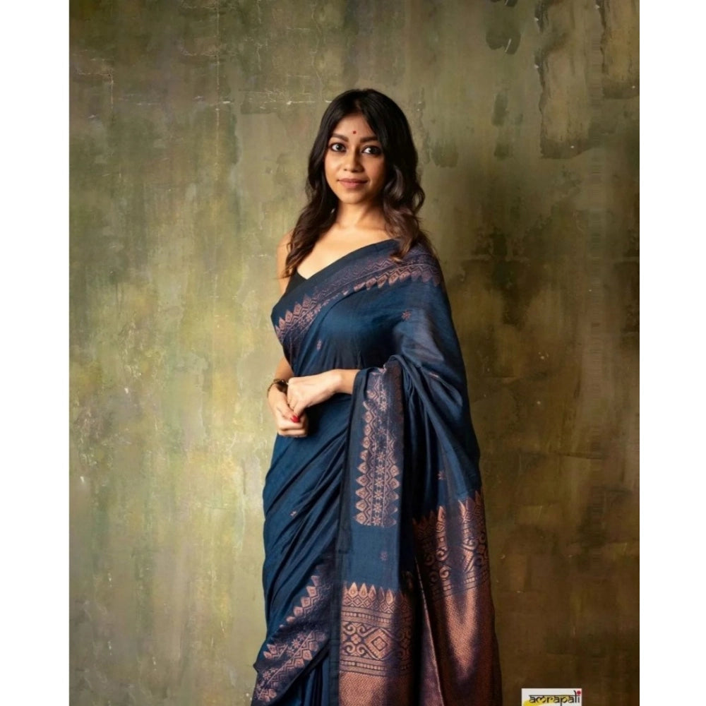 Generic Women's Silk Printed Saree With Unstitched Blouse 5.5Mtr (Navy Blue) Secondary image