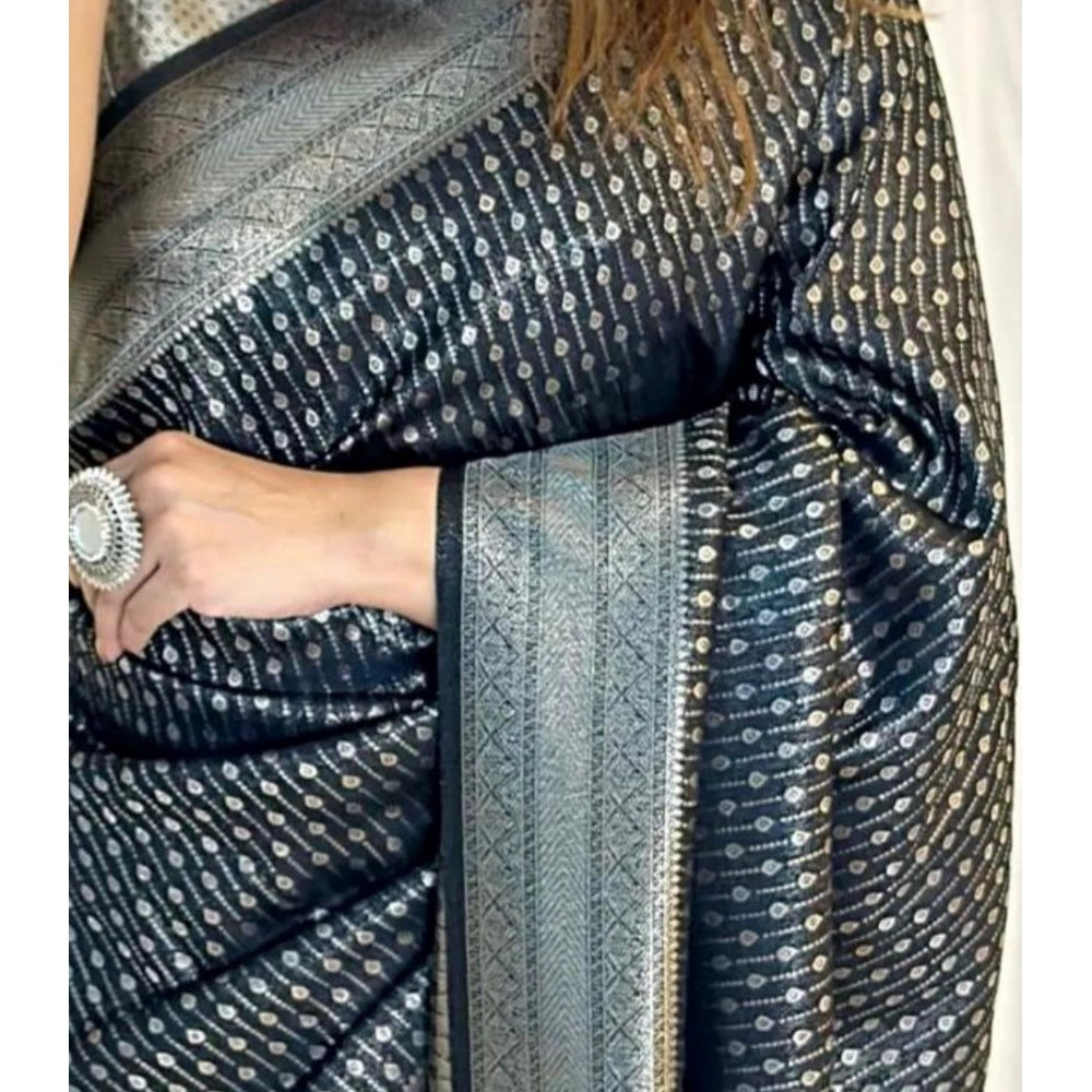 Generic Women's Silk Printed Saree With Unstitched Blouse 5.5Mtr (Black) Secondary image