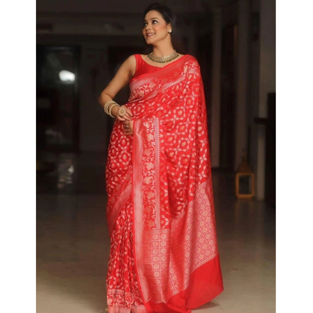 Generic Women's Silk Printed Saree With Unstitched Blouse 5.5Mtr (Orange) Secondary image