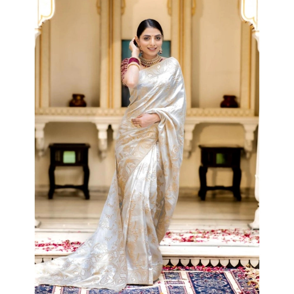 Generic Women's Silk Printed Saree With Unstitched Blouse 5.5Mtr (White) Secondary image
