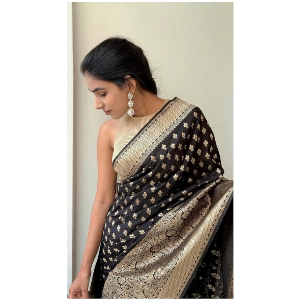 Generic Women's Silk Printed Saree With Unstitched Blouse 5.5Mtr (Black) Secondary image