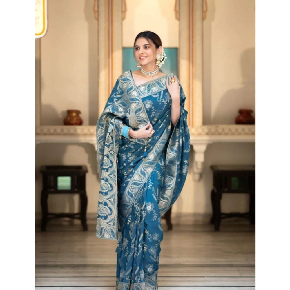 Generic Women's Silk Printed Saree With Unstitched Blouse 5.5Mtr (Teal Blue) Secondary image