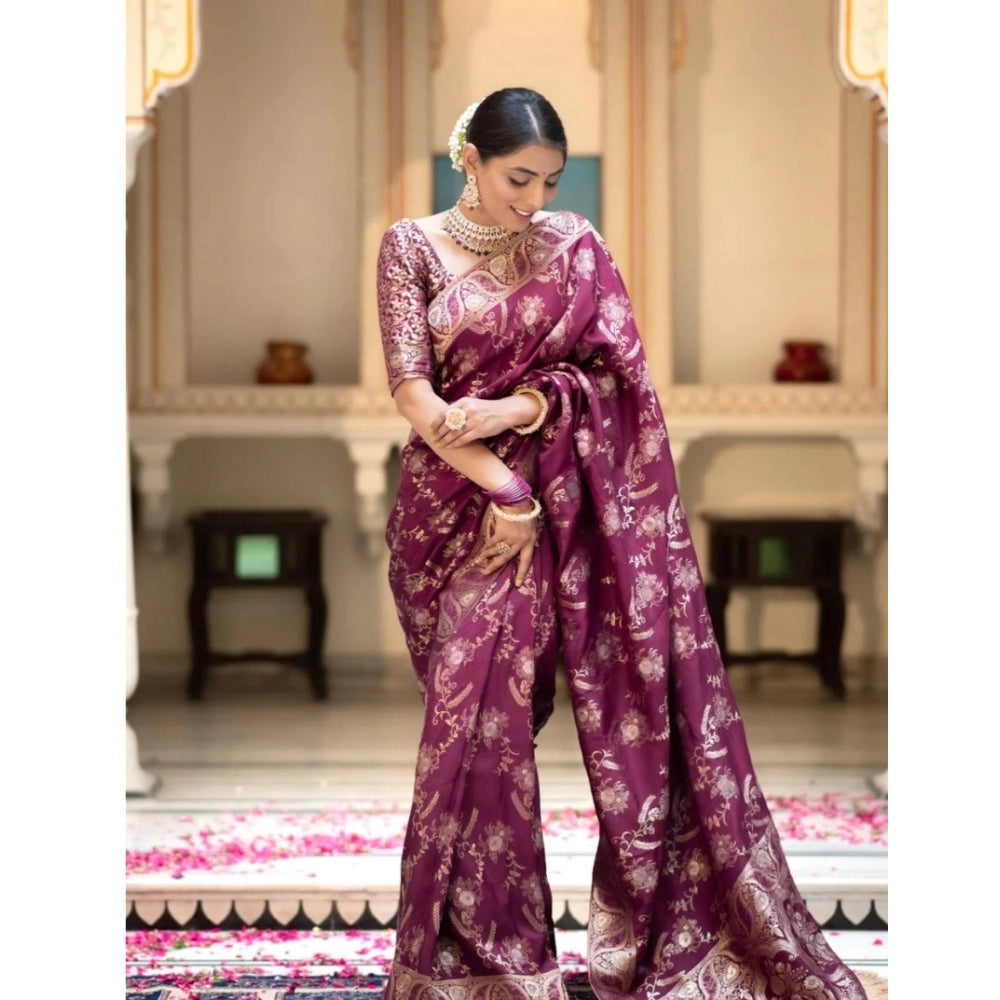 Generic Women's Silk Printed Saree With Unstitched Blouse 5.5Mtr (Wine) Secondary image