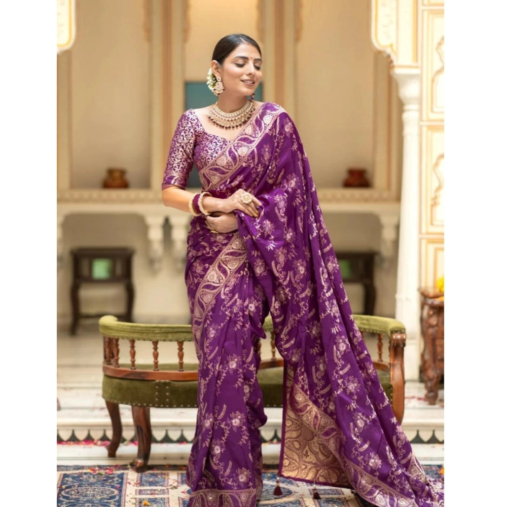 Generic Women's Silk Printed Saree With Unstitched Blouse 5.5Mtr (Purple) Secondary image