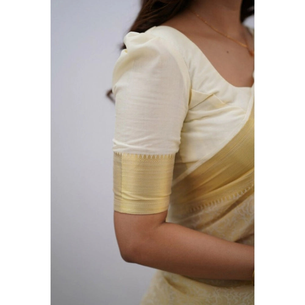 Generic Women's Silk Printed Saree With Unstitched Blouse 5.5Mtr (Cream) Secondary image