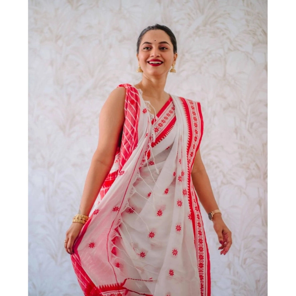 Generic Women's Cotton  Printed Saree With Unstitched Blouse 5.5Mtr (White-Pink) Secondary image