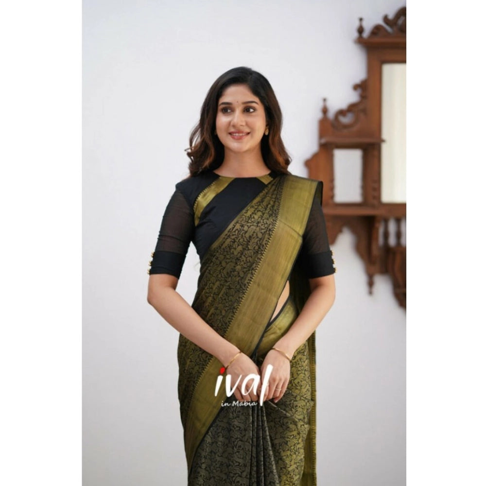Generic Women's Silk Printed Saree With Unstitched Blouse 5.5Mtr (Black) Secondary image